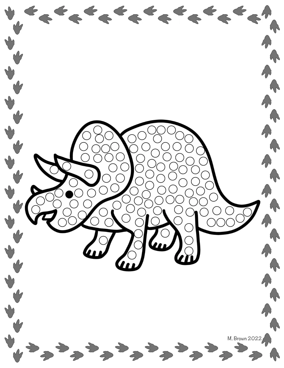 Triceratops dot art: students dot the circles across the horned dinosaur's frill, face, body and four legs