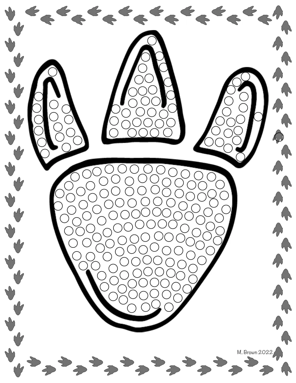 Dinosaur footprint dot art: students dot the circles filling three pointed toes and a large rounded footpad