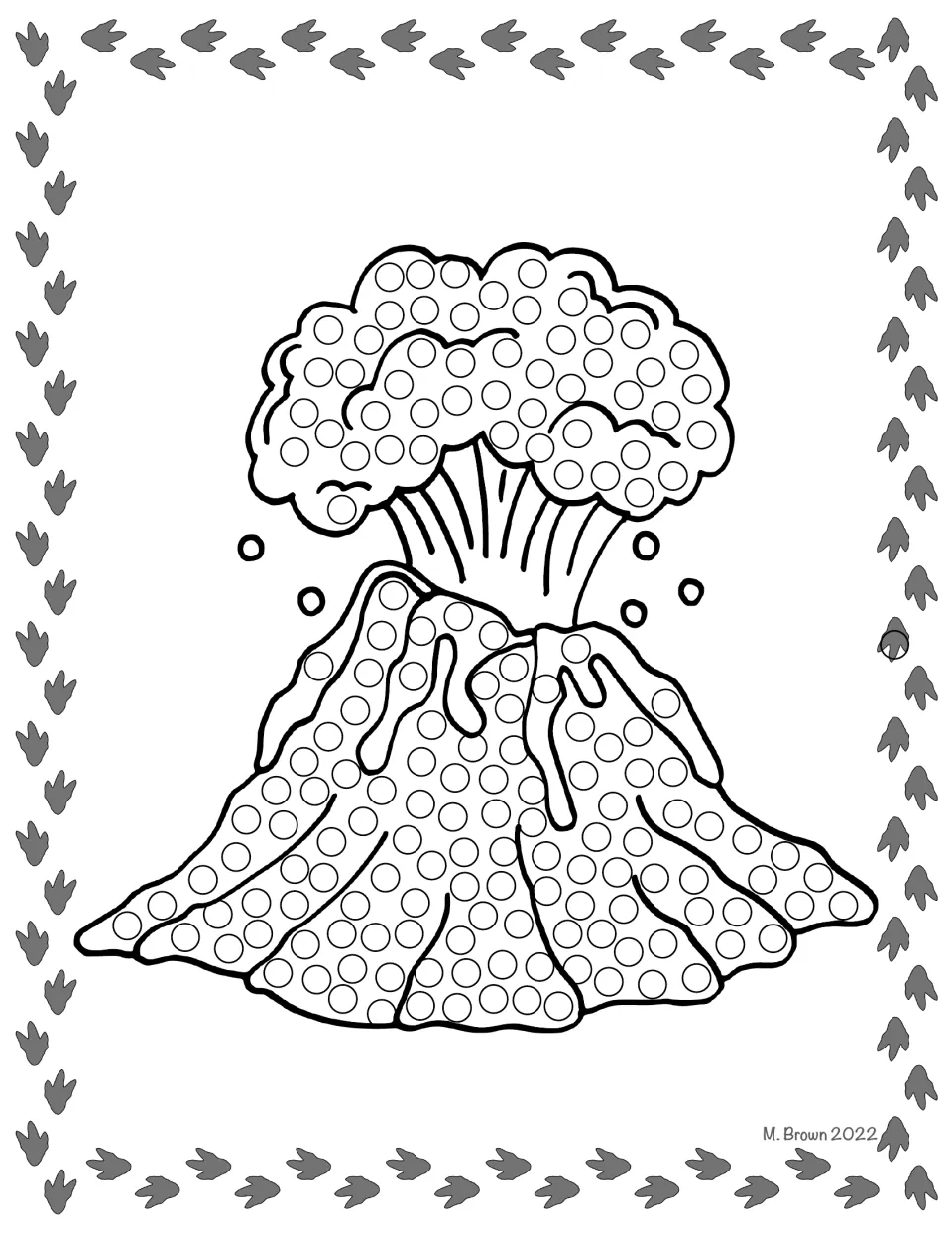 Erupting volcano dot art: students dot the circles in the billowing ash cloud and down the lava-streaked slopes