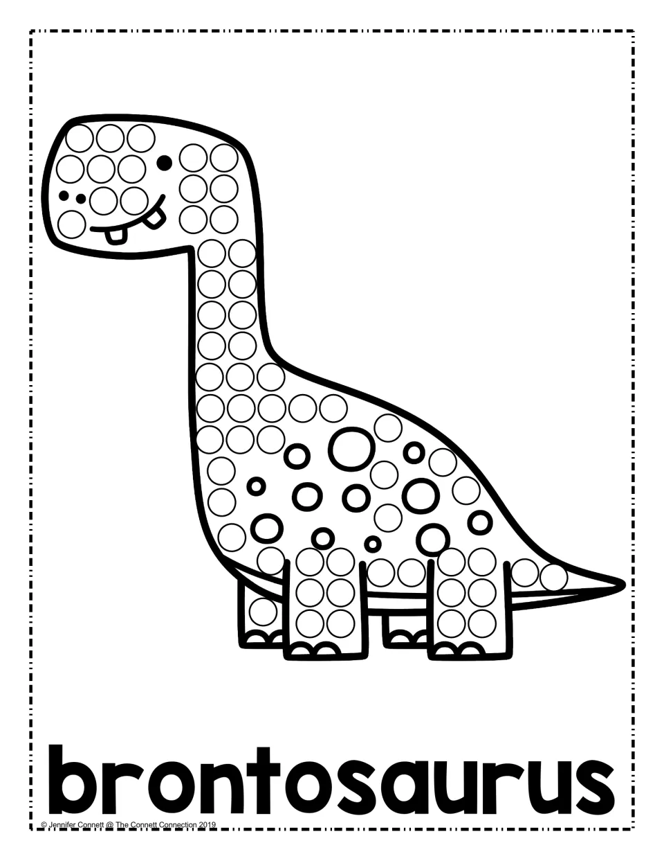 Brontosaurus dot painting: students stamp a dot marker into each circle on a smiling long-necked dinosaur