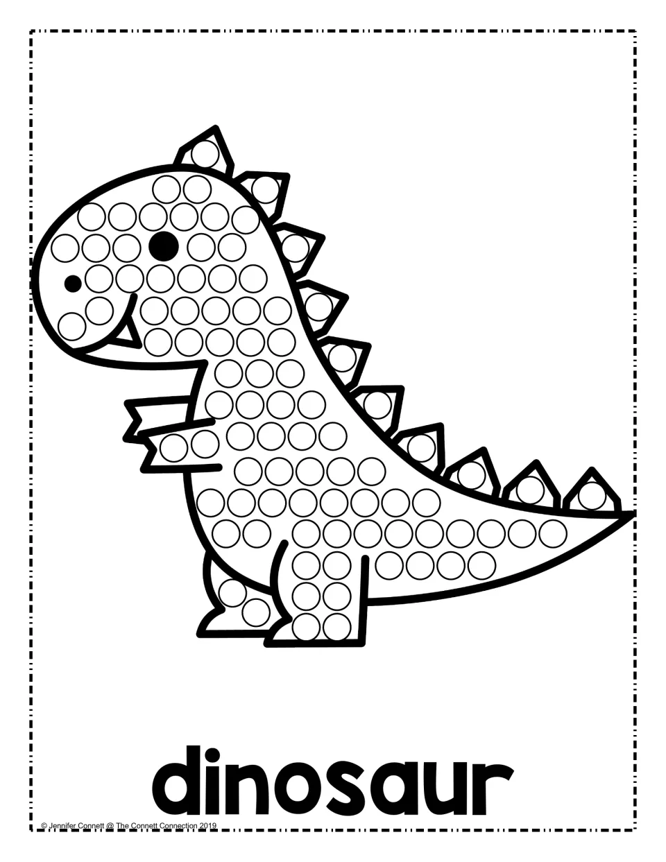 Dinosaur dot page: students dab a dot marker in every circle on a spiky-backed cartoon dinosaur labeled dinosaur