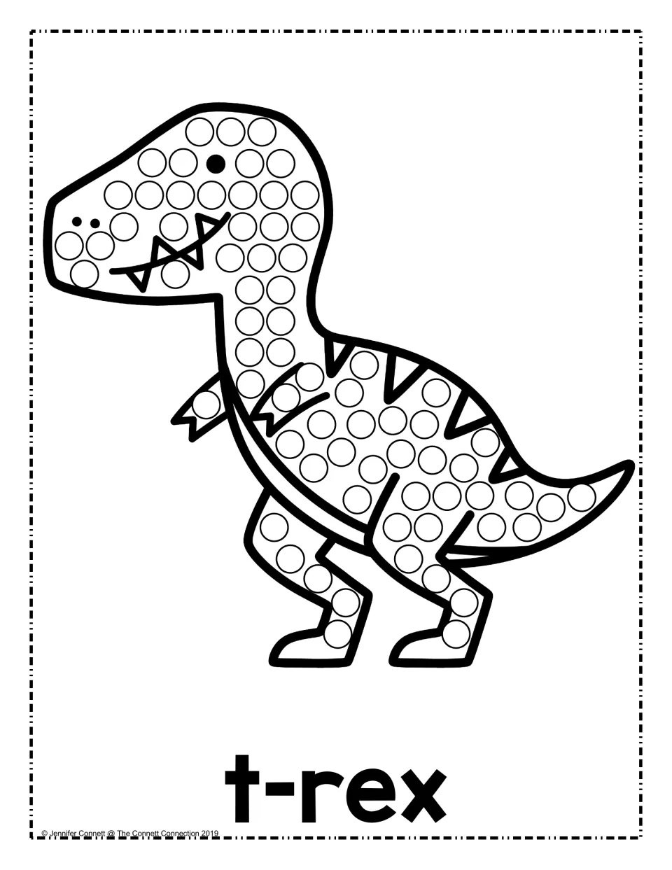 T-rex dot painting: students press a dot marker into each circle on a toothy, striped tyrannosaurus labeled t-rex