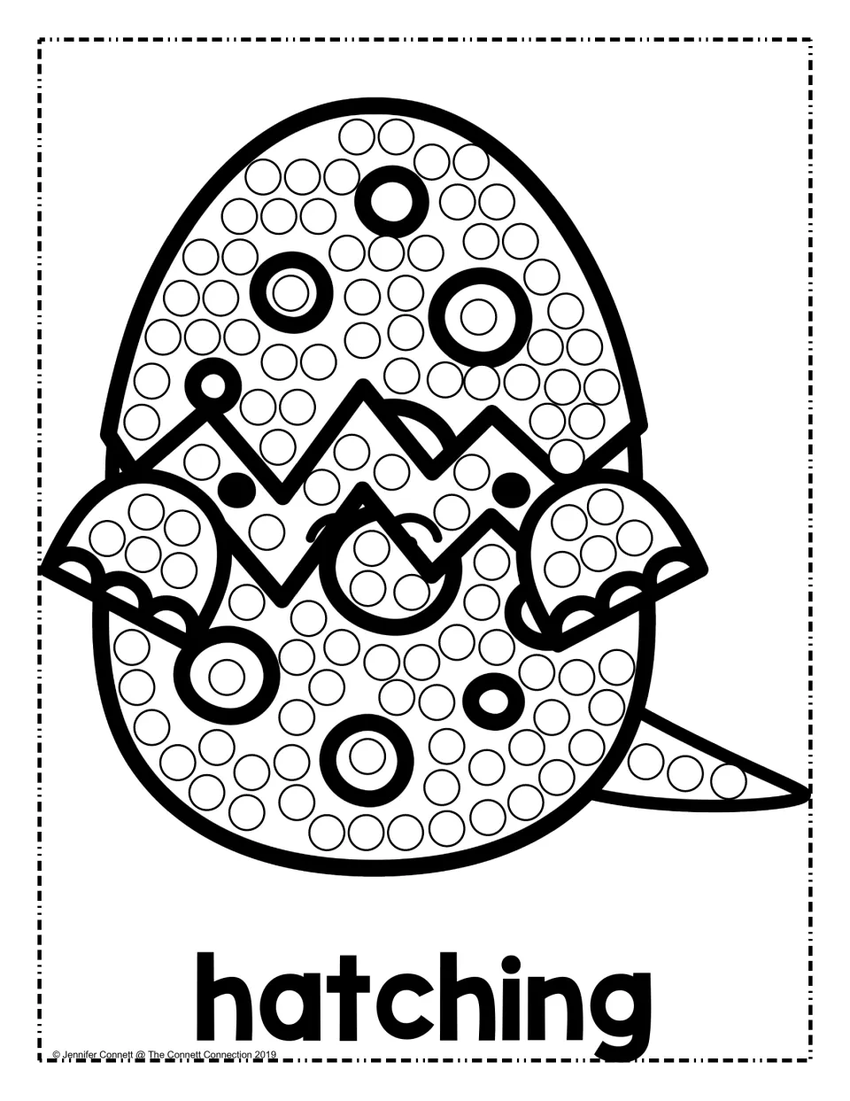 Hatching dot painting: students dab dots into the circles on a cracked, spotted egg with a baby dinosaur peeking out