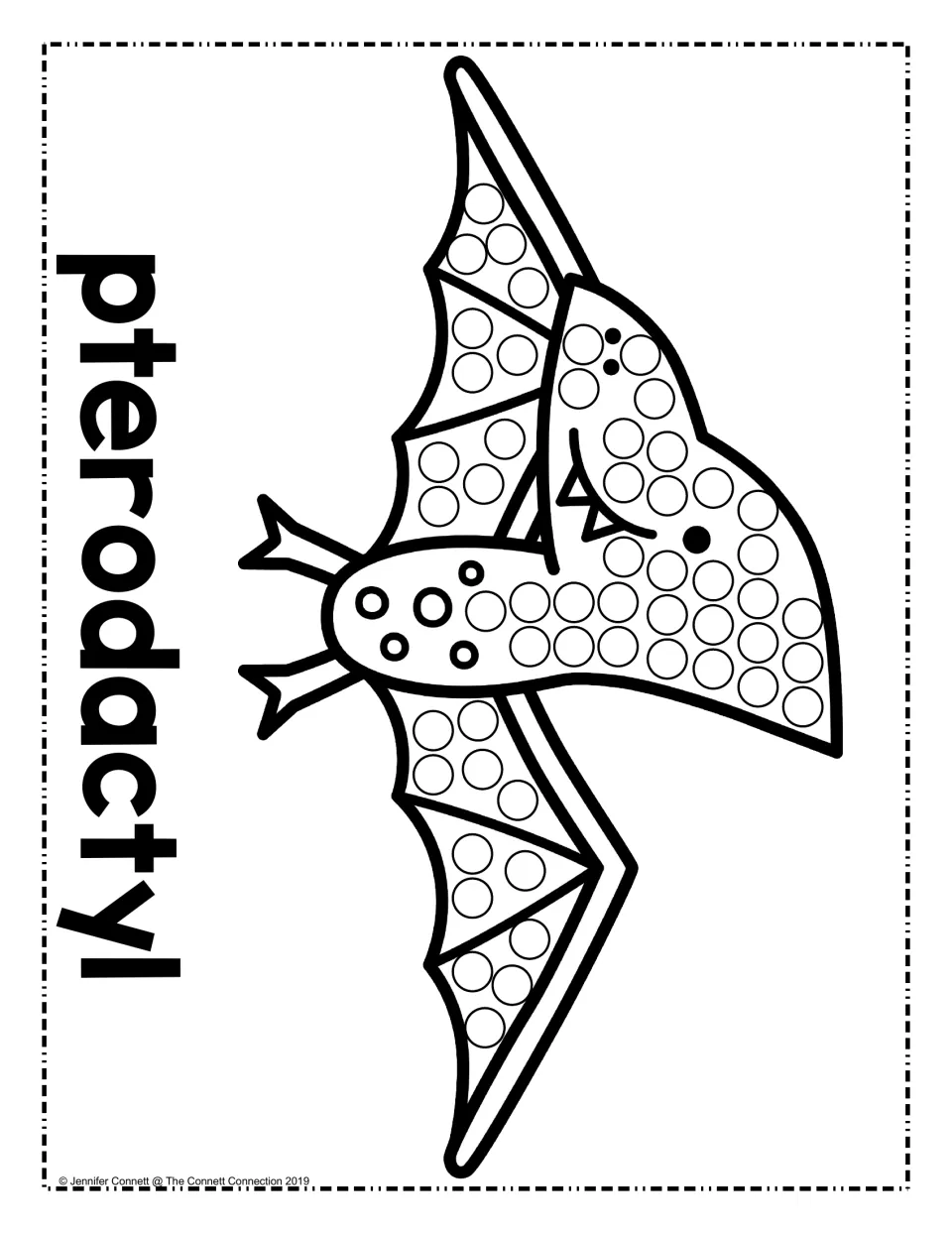 Pterodactyl dot painting: students stamp dots in the circles on a flying reptile's spread wings and crested head
