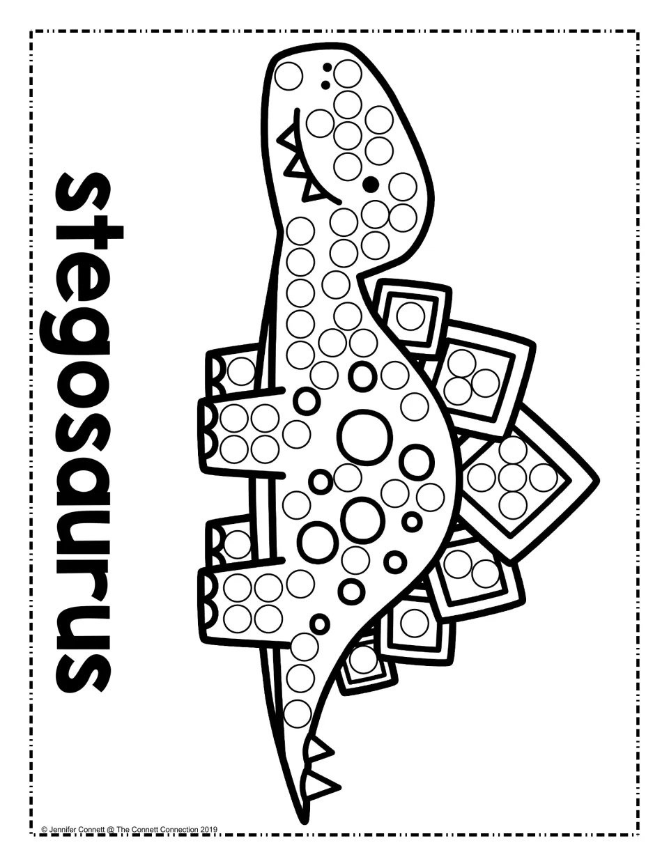 Stegosaurus dot painting: students dab dots in the circles on the dinosaur's body, legs and the plates along its back