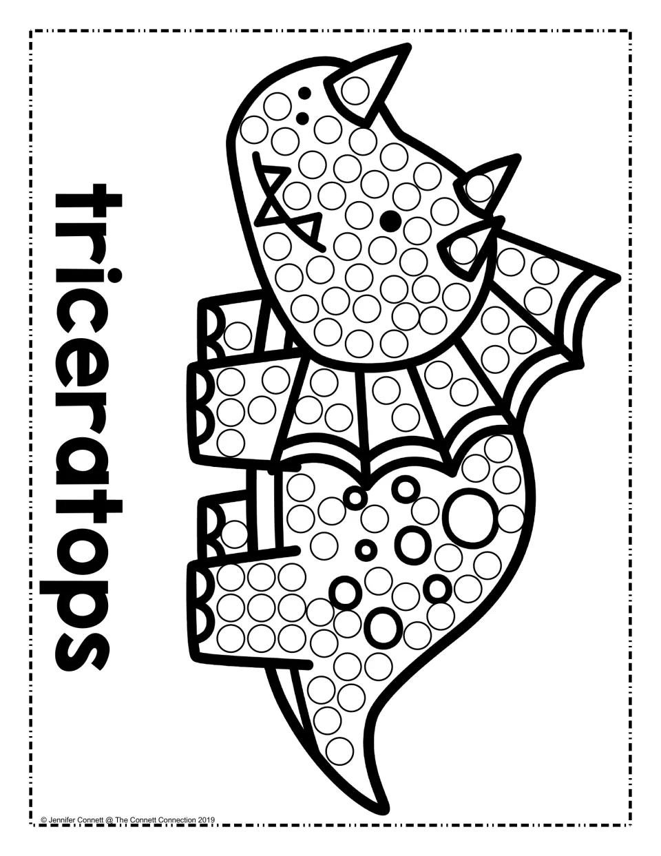 Triceratops dot painting: students fill circles on the three-horned dinosaur's head, frill and legs with dot markers