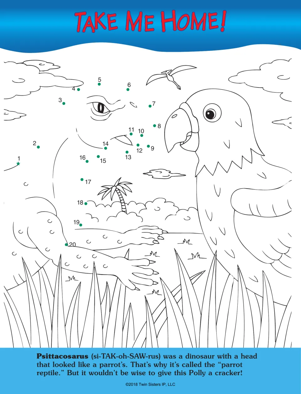 Take Me Home! dot-to-dot activity uses numbers 1–20 to complete a Psittacosaurus beside a parrot