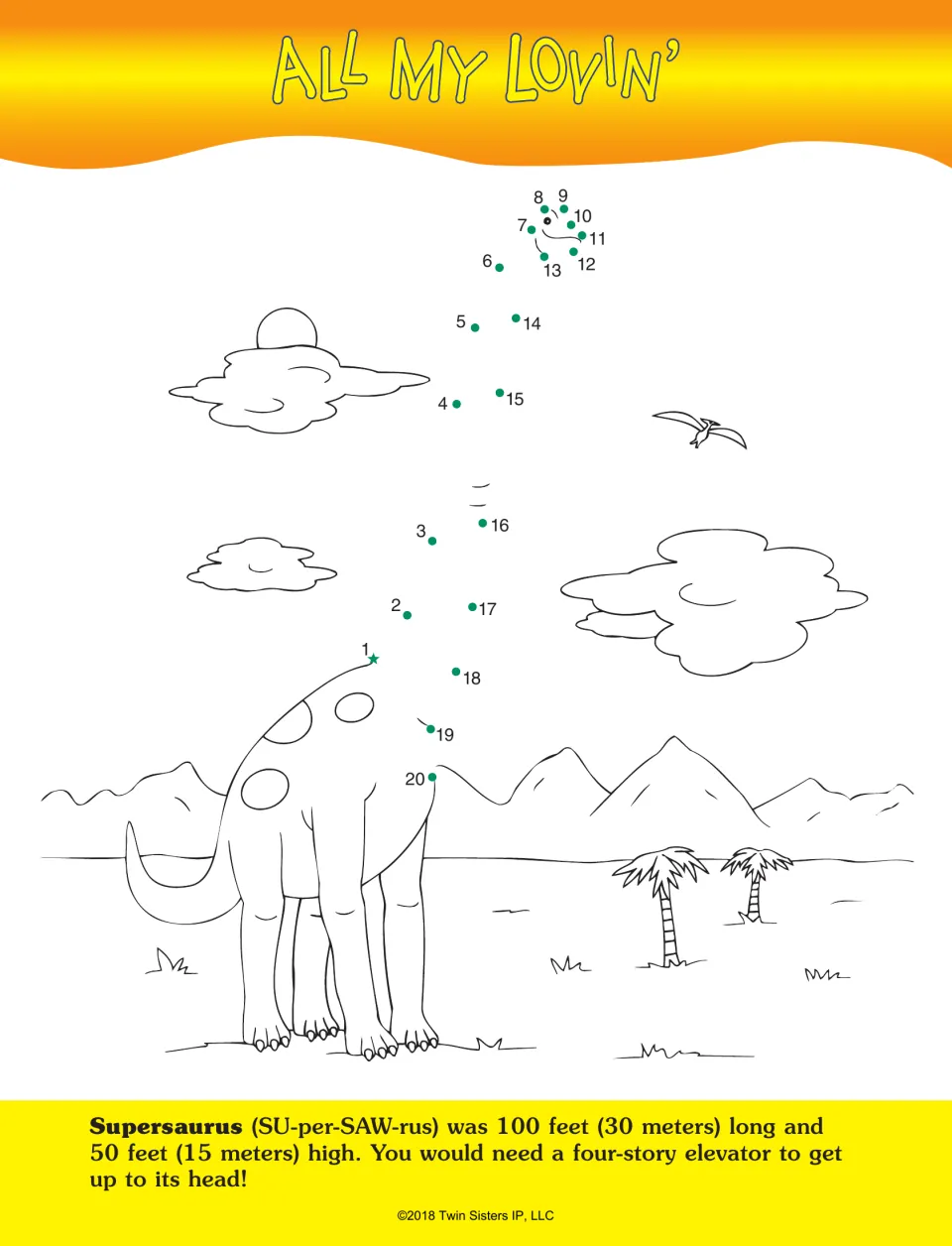 All My Lovin’ dot-to-dot activity uses numbers 1–20 to complete the long neck and head of Supersaurus