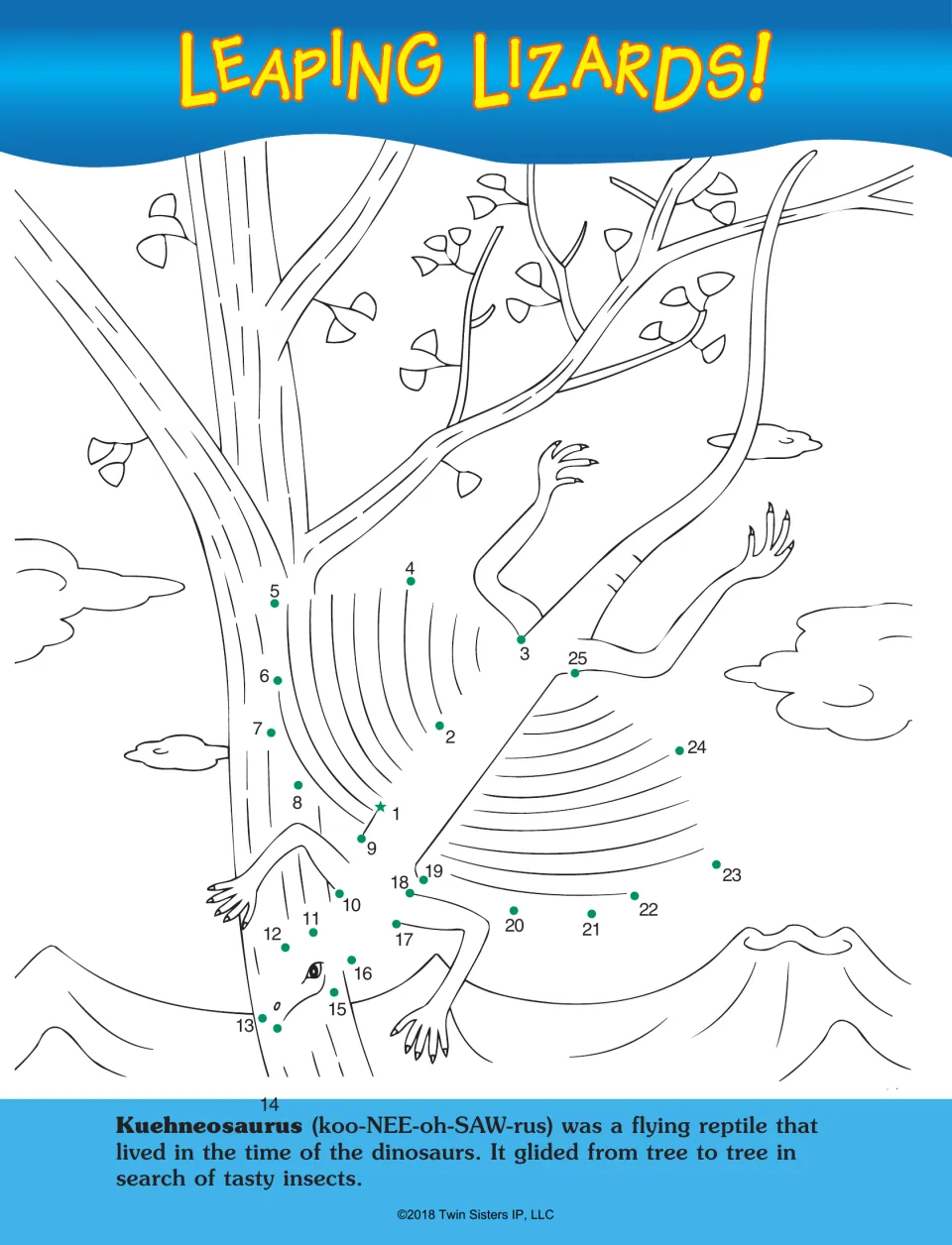Leaping Lizards! dot-to-dot activity uses numbers 1–25 to complete Kuehneosaurus gliding beside a tree