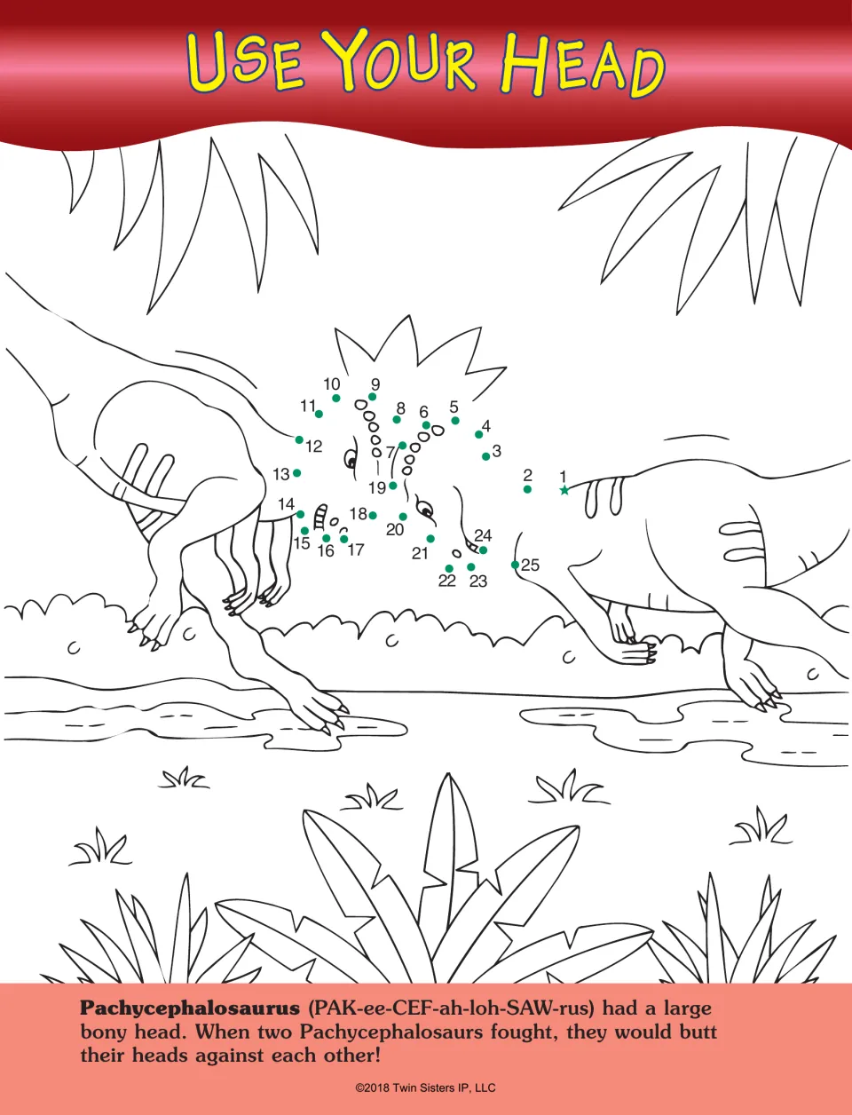 Use Your Head dot-to-dot activity uses numbers 1–25 to complete two Pachycephalosaurus heads meeting