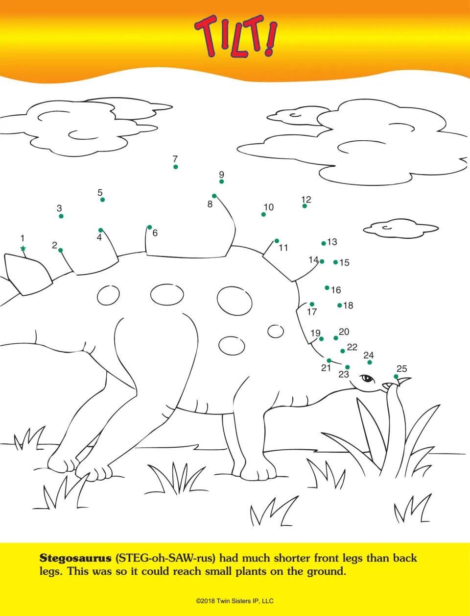 Tilt! dot-to-dot activity uses numbers 1–25 to complete a Stegosaurus's plates and head as it eats plants