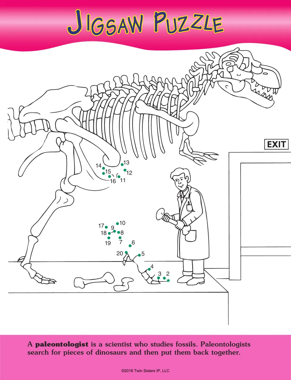 Jigsaw Puzzle dot-to-dot activity uses numbers 1–20 to complete a dinosaur skeleton beside a paleontologist