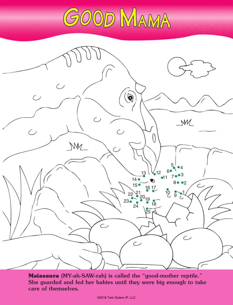 Good Mama dot-to-dot activity uses numbers 1–25 to complete a baby Maiasaura hatching beside its mother