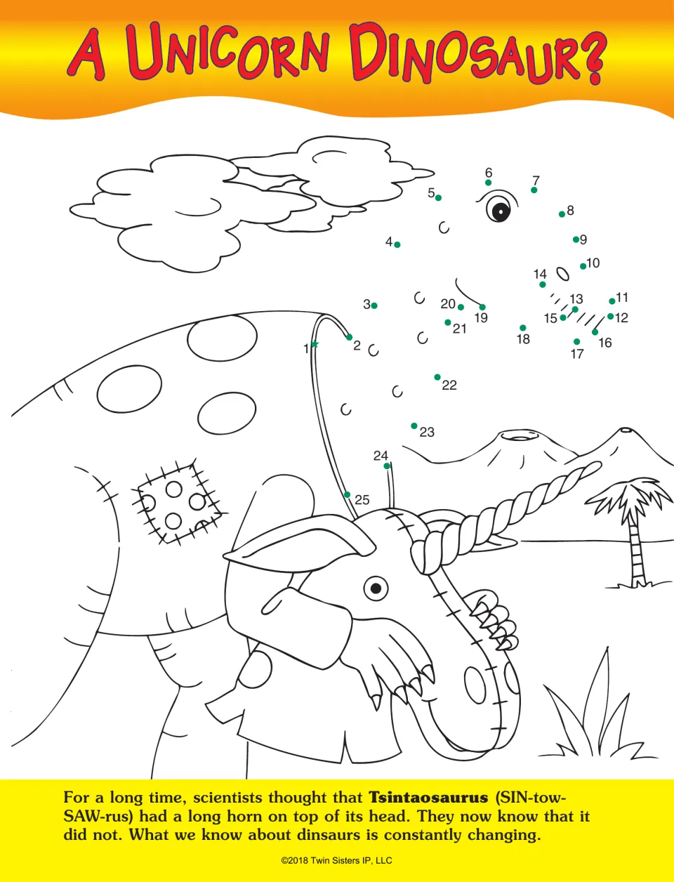 A Unicorn Dinosaur? dot-to-dot activity uses numbers 1–25 to complete Tsintaosaurus above a horned costume