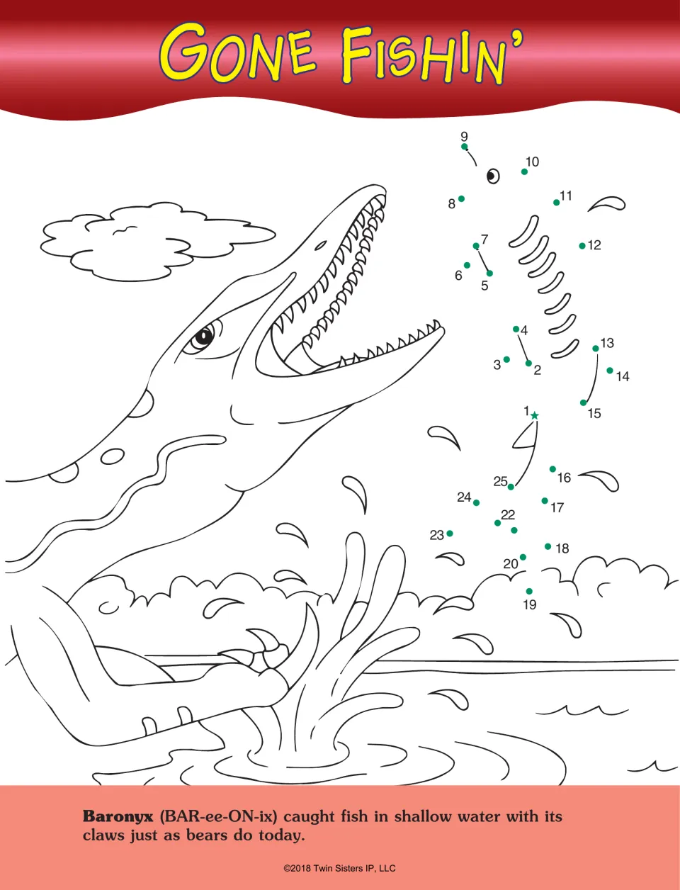 Gone Fishin’ dot-to-dot activity uses numbers 1–25 to complete a fish above the open jaws of Baryonyx