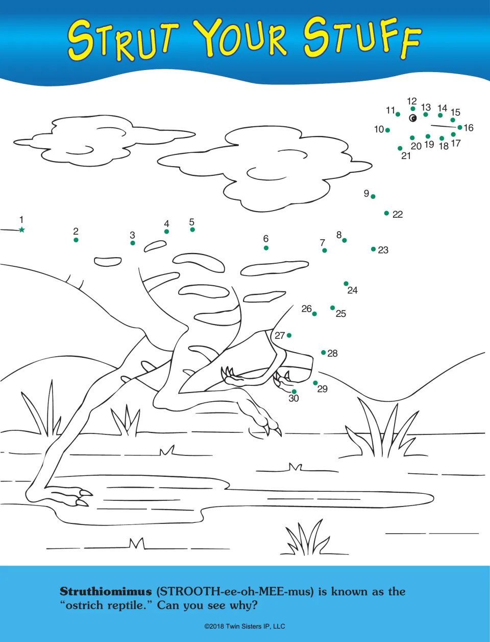 Strut Your Stuff dinosaur dot-to-dot activity: connect numbers 1–30 to complete a Struthiomimus to color