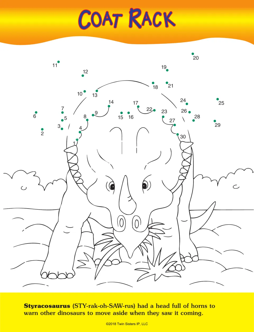 Coat Rack dinosaur dot-to-dot activity: connect numbers 1–30 to complete the horns of a Styracosaurus
