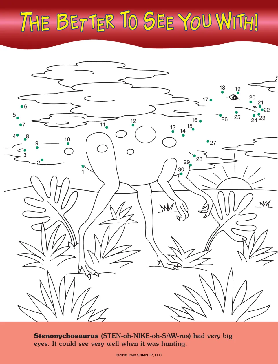 The Better to See You With! dot-to-dot activity features Stenonychosaurus, numbers 1–30, and an eye fact