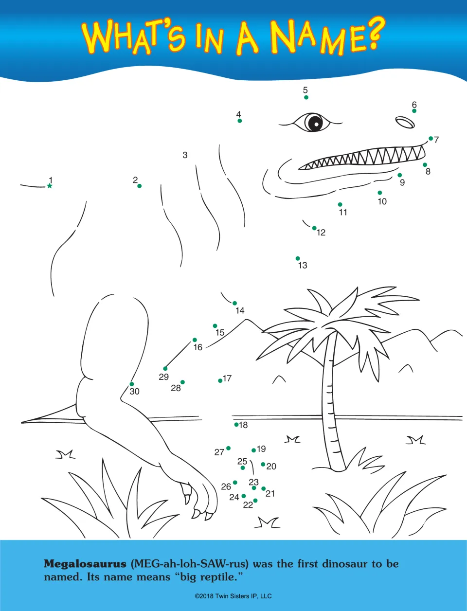 What's in a Name? dinosaur dot-to-dot activity features Megalosaurus, numbers 1–30, and a naming fact