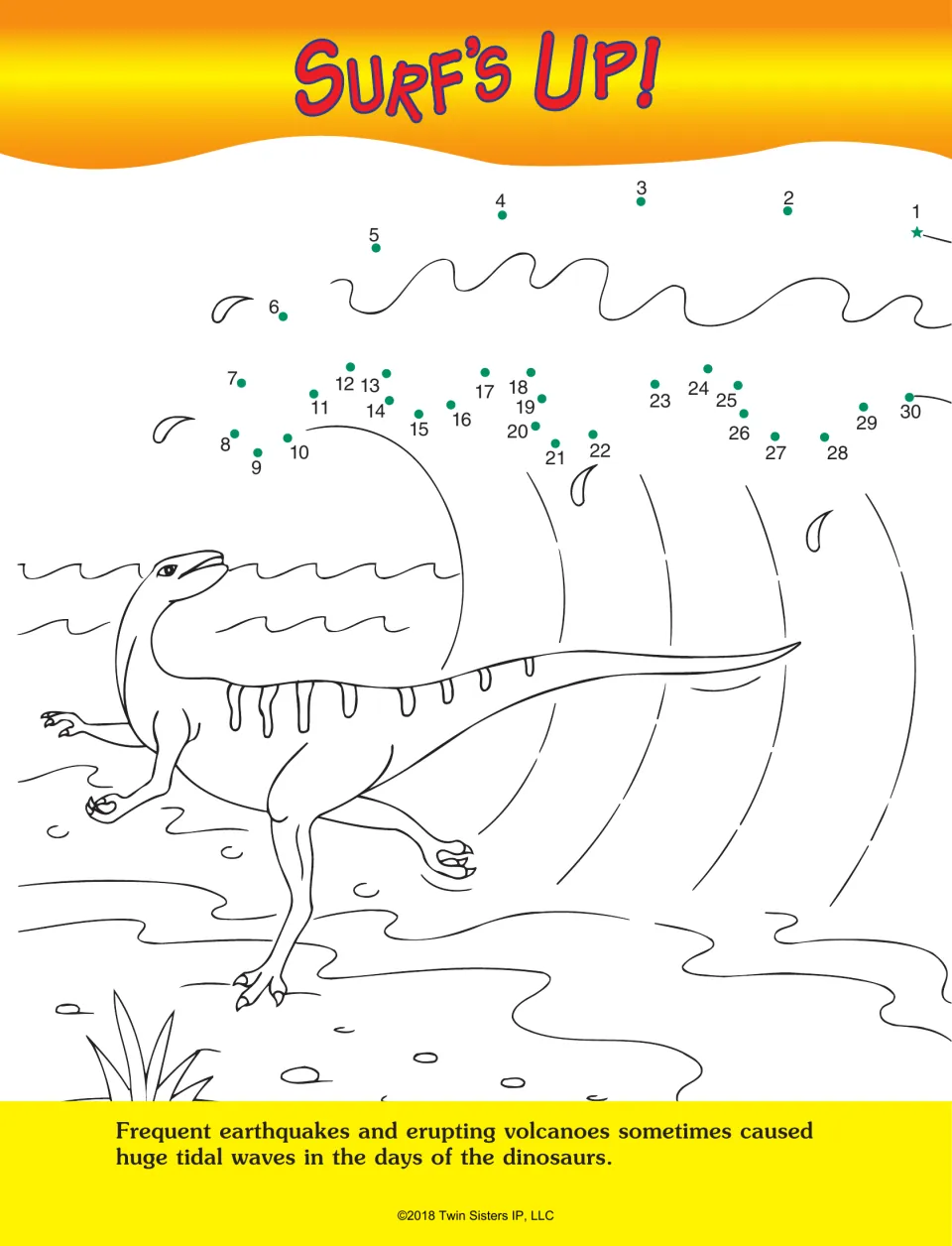 Surf's Up! dot-to-dot activity: connect numbers 1–30 to complete a huge wave above a dinosaur to color