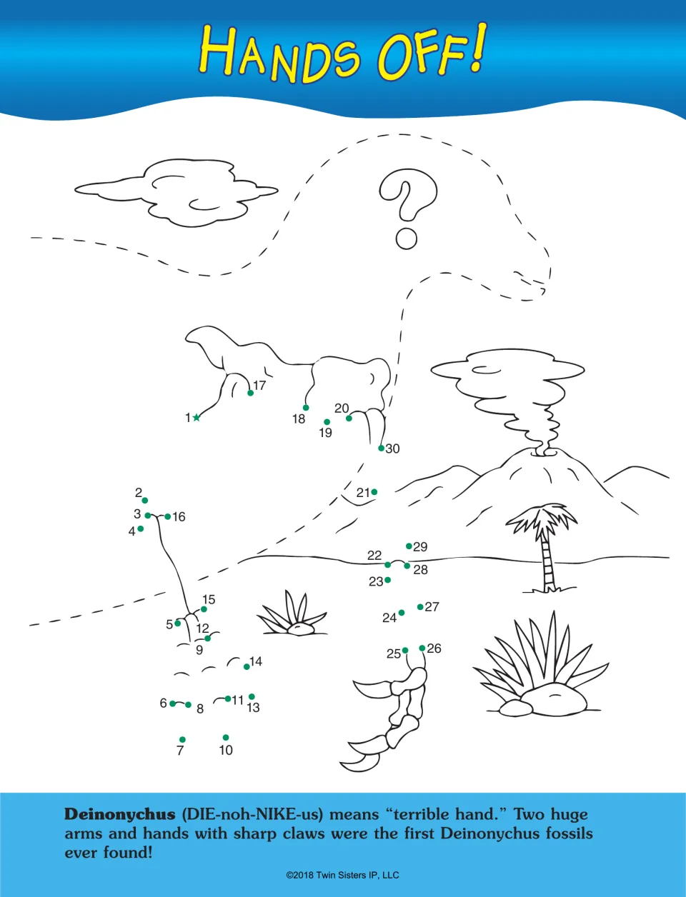 Hands Off! dinosaur dot-to-dot activity features numbers 1–30 around clawed limbs and a Deinonychus caption