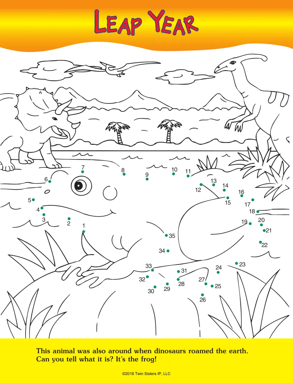 Leap Year dot-to-dot activity: connect numbers 1–35 to complete a frog in a prehistoric scene to color
