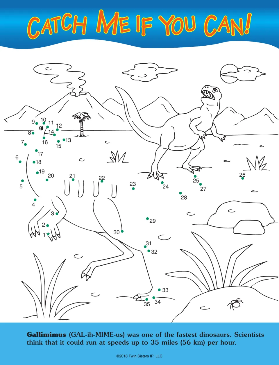Catch Me If You Can! dinosaur dot-to-dot activity features Gallimimus, numbers 1–35, and a running speed fact