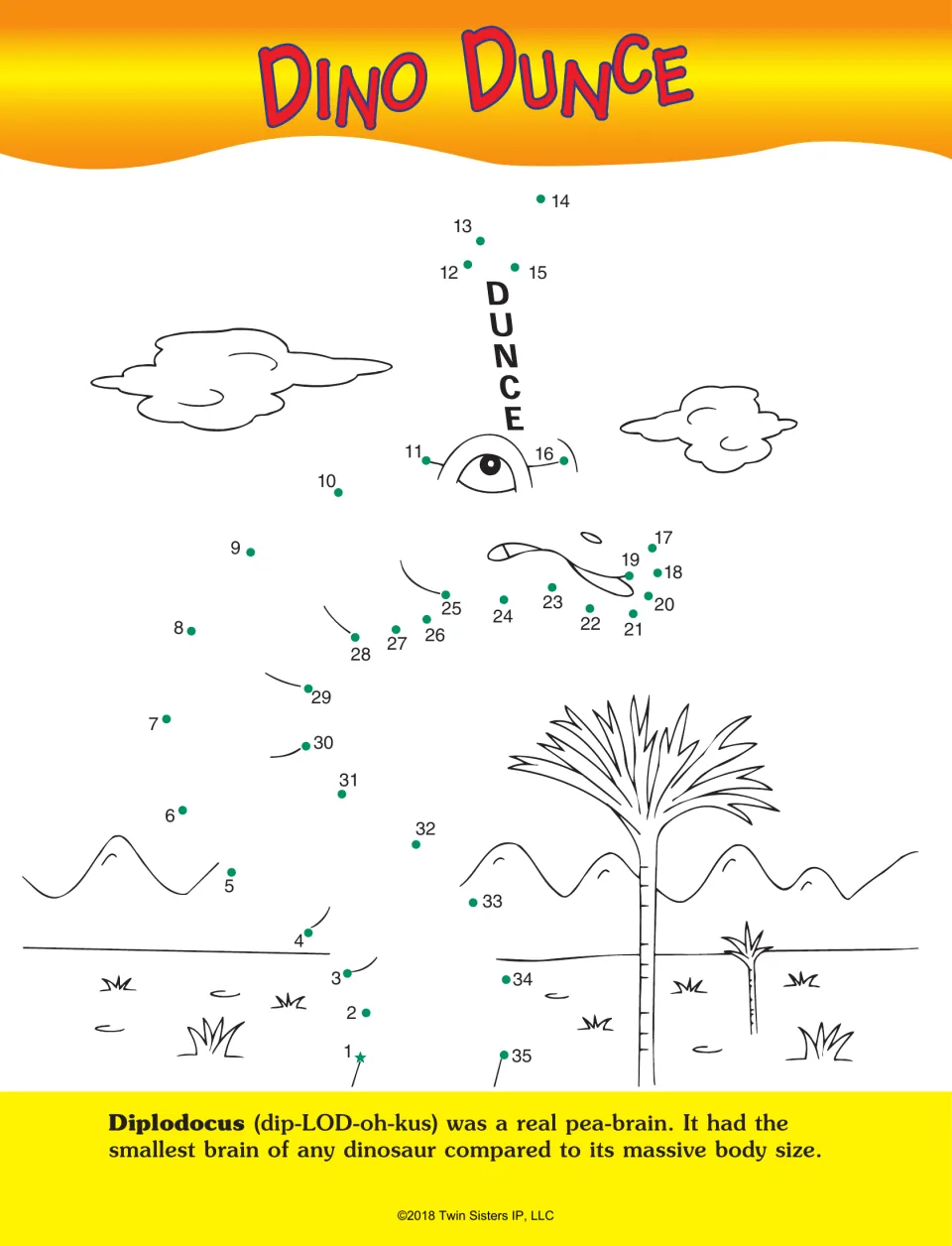 Dino Dunce dinosaur dot-to-dot activity features Diplodocus, numbers 1–35, and a hat labeled DUNCE