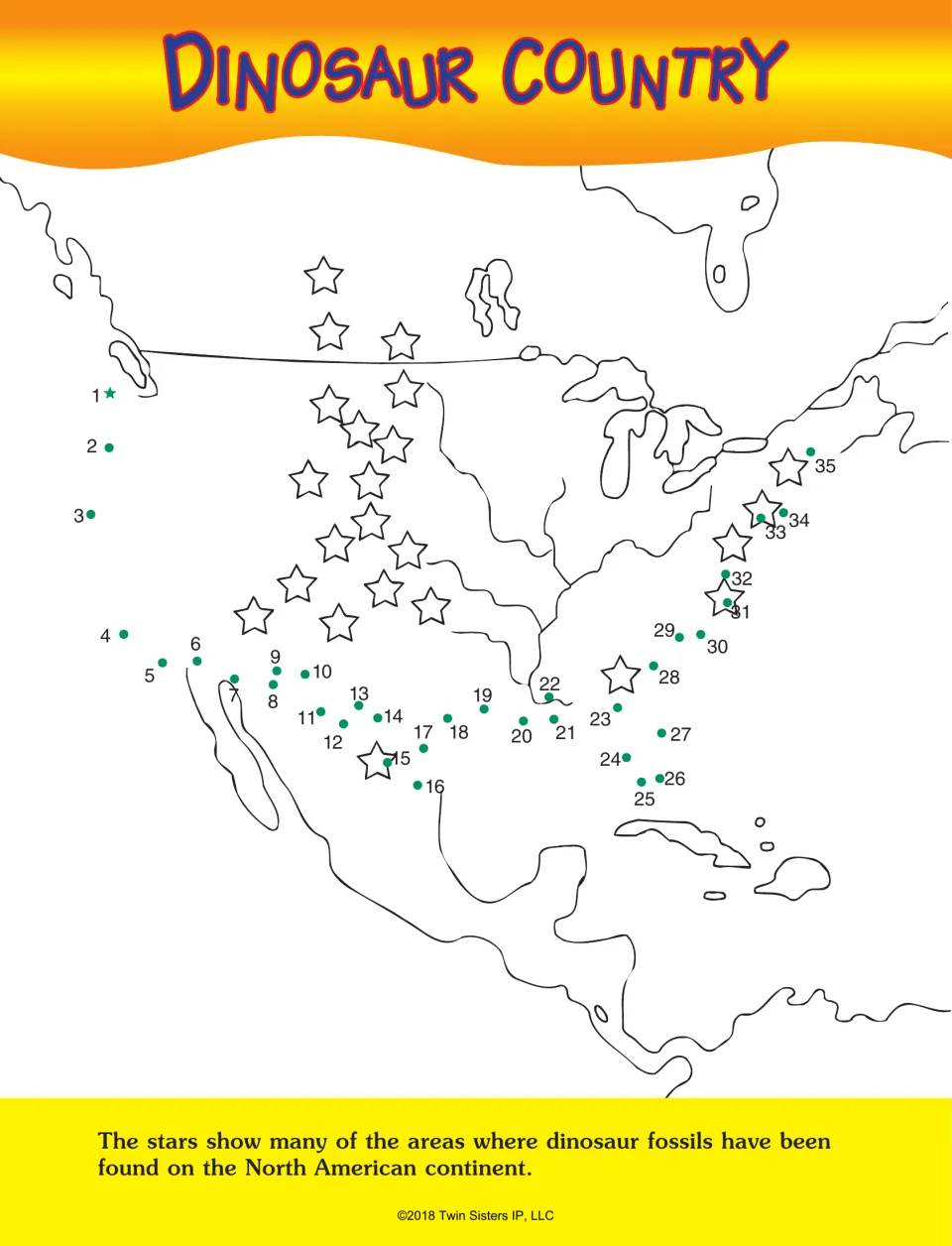 Dinosaur Country: students connect dots 1 to 35 along the coast of a North America map where stars mark fossil sites