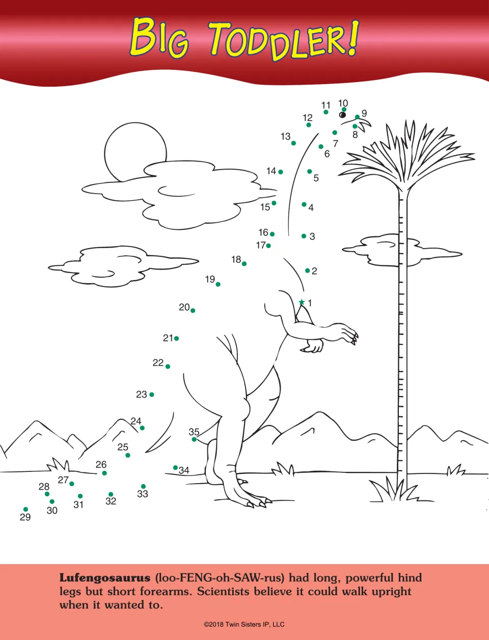Big Toddler! Number sequencing from 1 to 35 completes the long neck and tail of Lufengosaurus standing upright by a tree