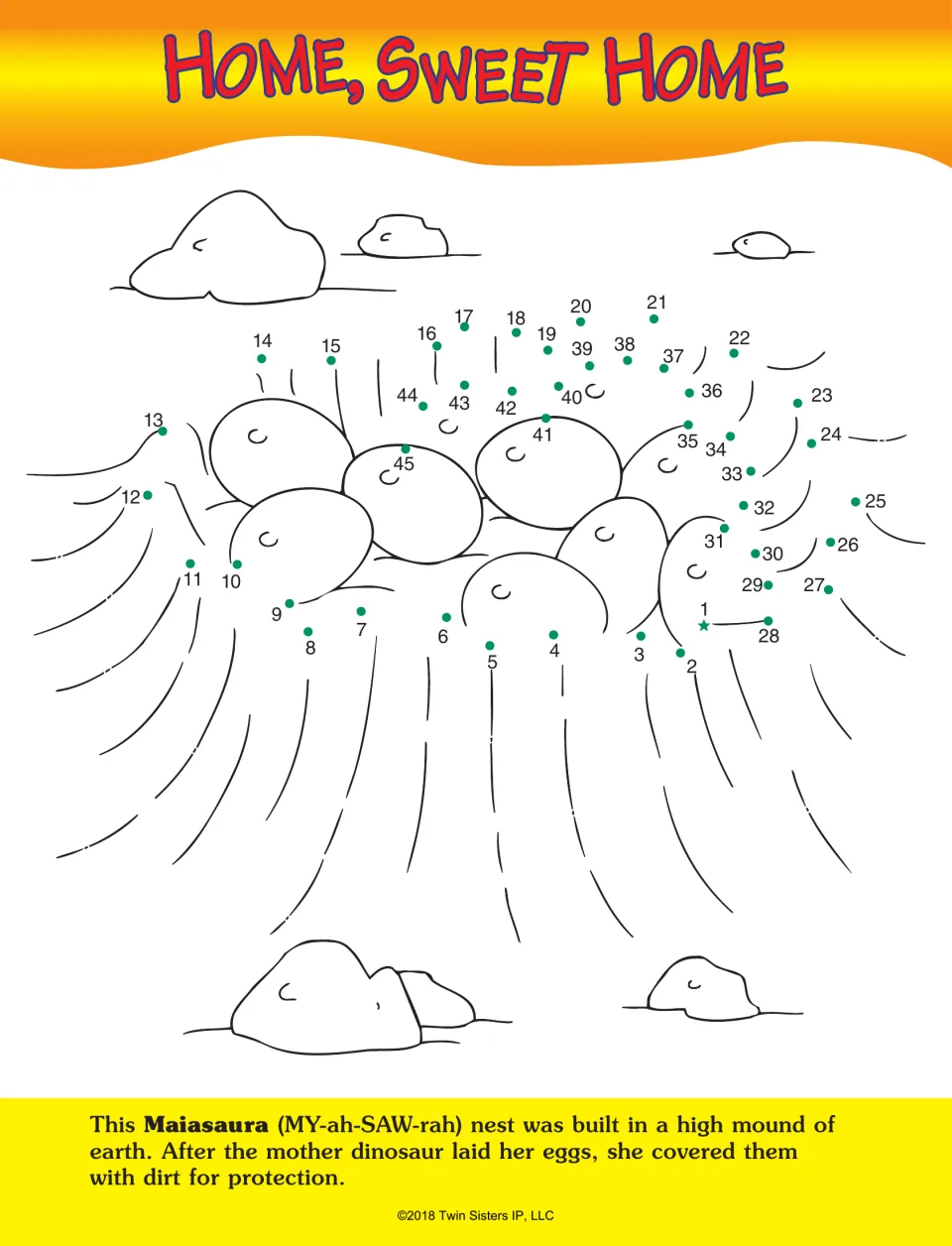 Home, Sweet Home: students count from 1 to 45 to draw a Maiasaura nest mound full of eggs, then read how it was built