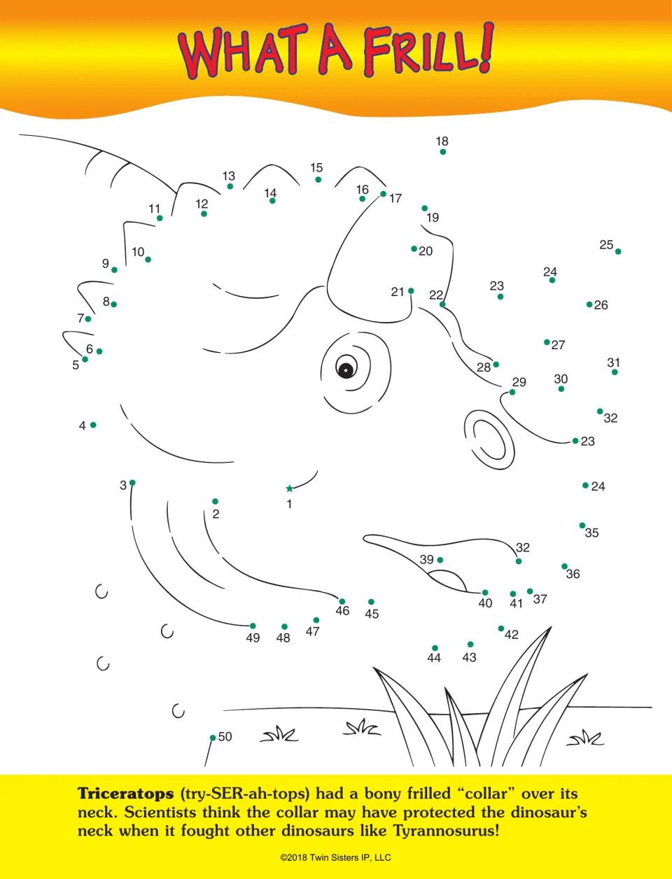What a Frill! Ordering numbers 1 to 50 forms the frill and horns of a Triceratops head; text explains its bony collar