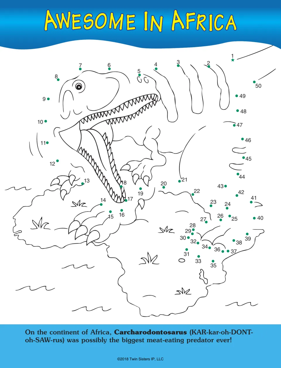 Awesome in Africa: dots 1 to 50 complete Carcharodontosaurus roaring over a map of Africa, a giant meat-eating predator