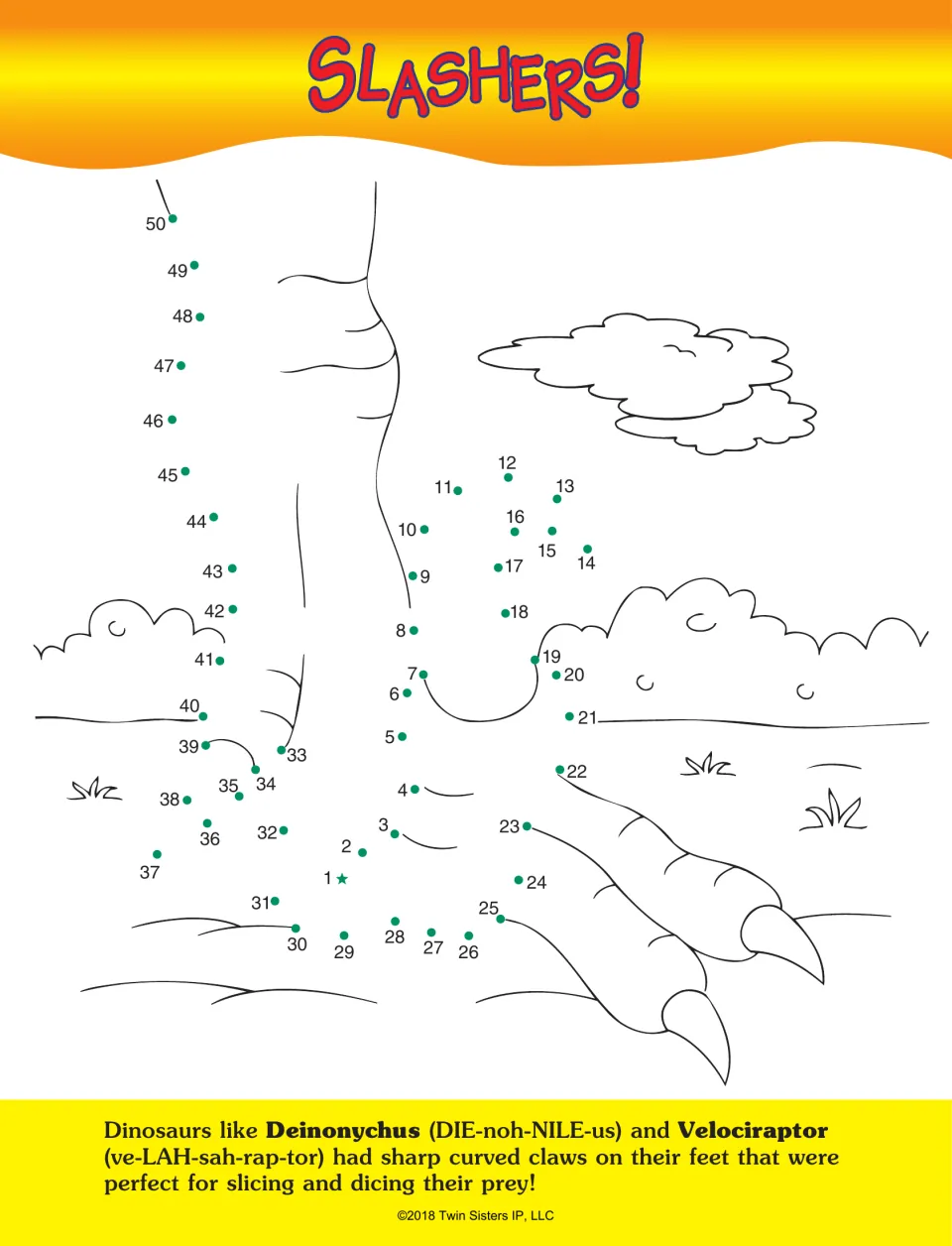 Slashers! Students count 1 to 50 to draw a raptor leg and curved foot claws; text names Deinonychus and Velociraptor