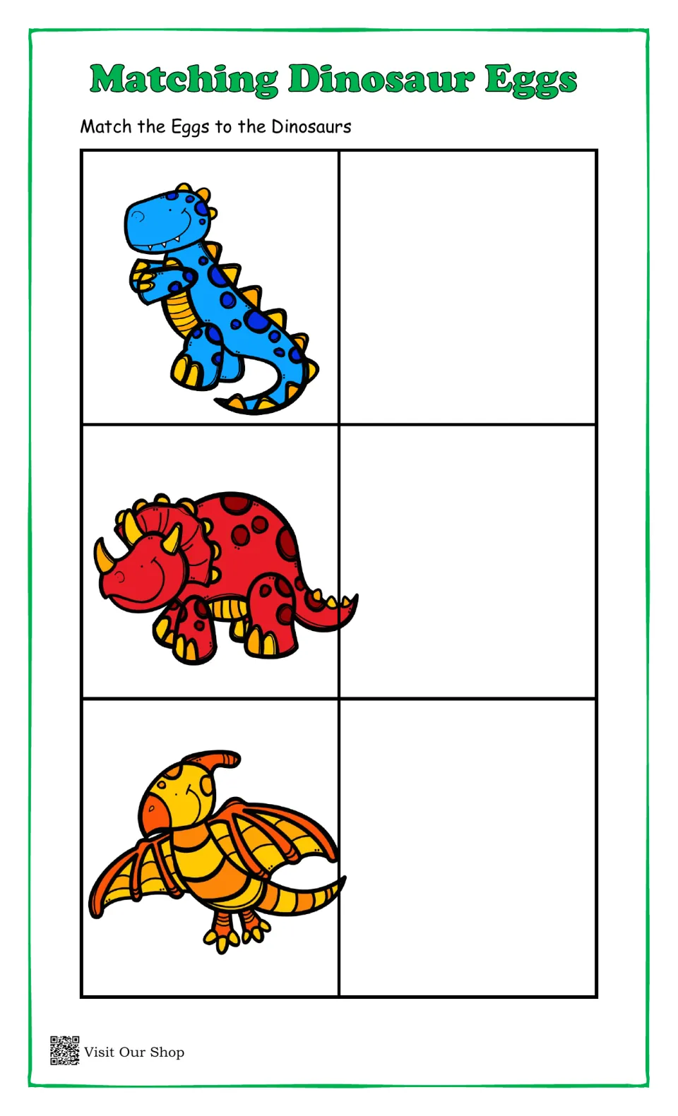 Matching Dinosaur Eggs color match: students place an egg beside the blue T. rex, red triceratops and orange pterosaur