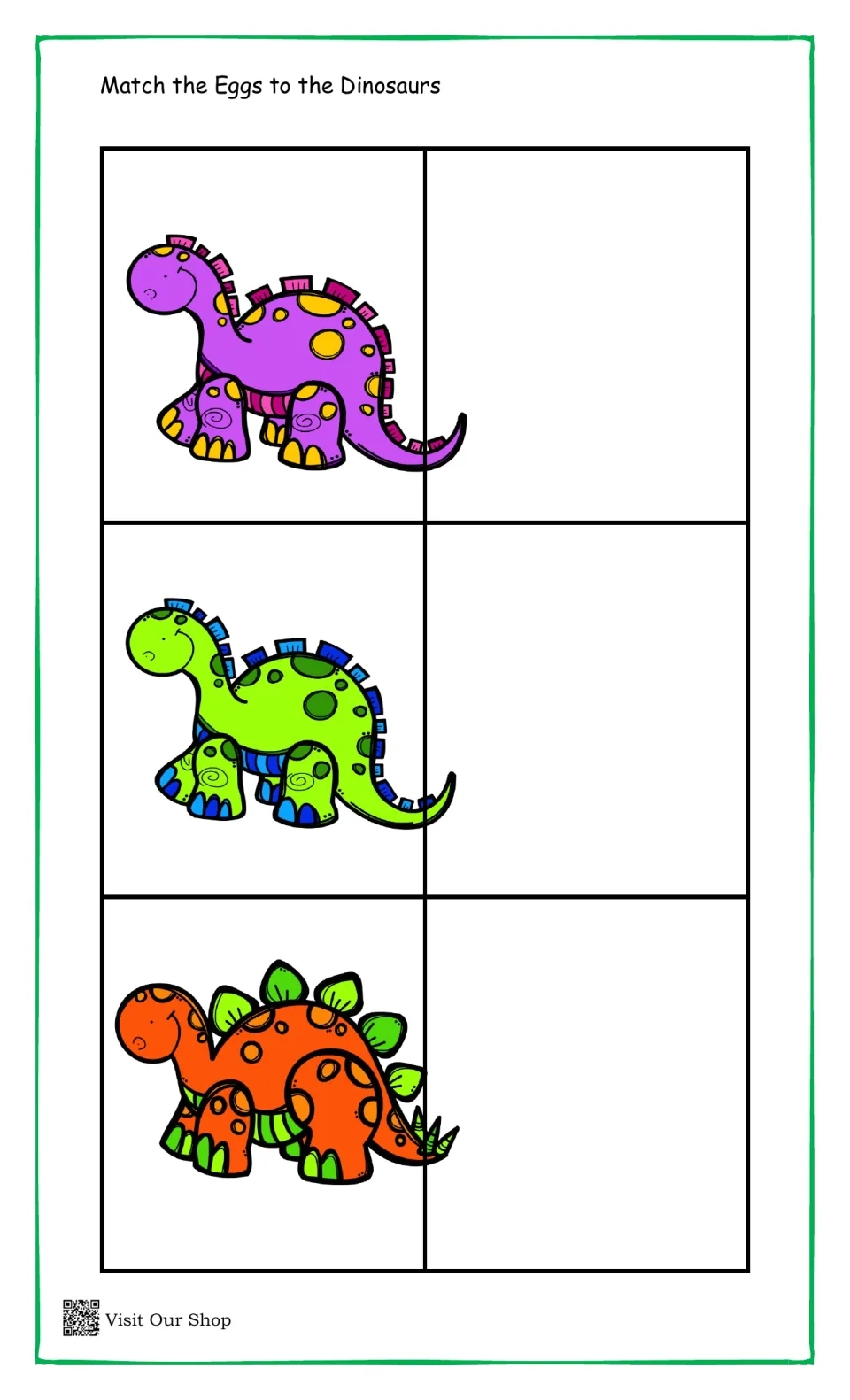 Second color match mat: students match eggs to a purple and a green long-necked dinosaur and an orange stegosaurus
