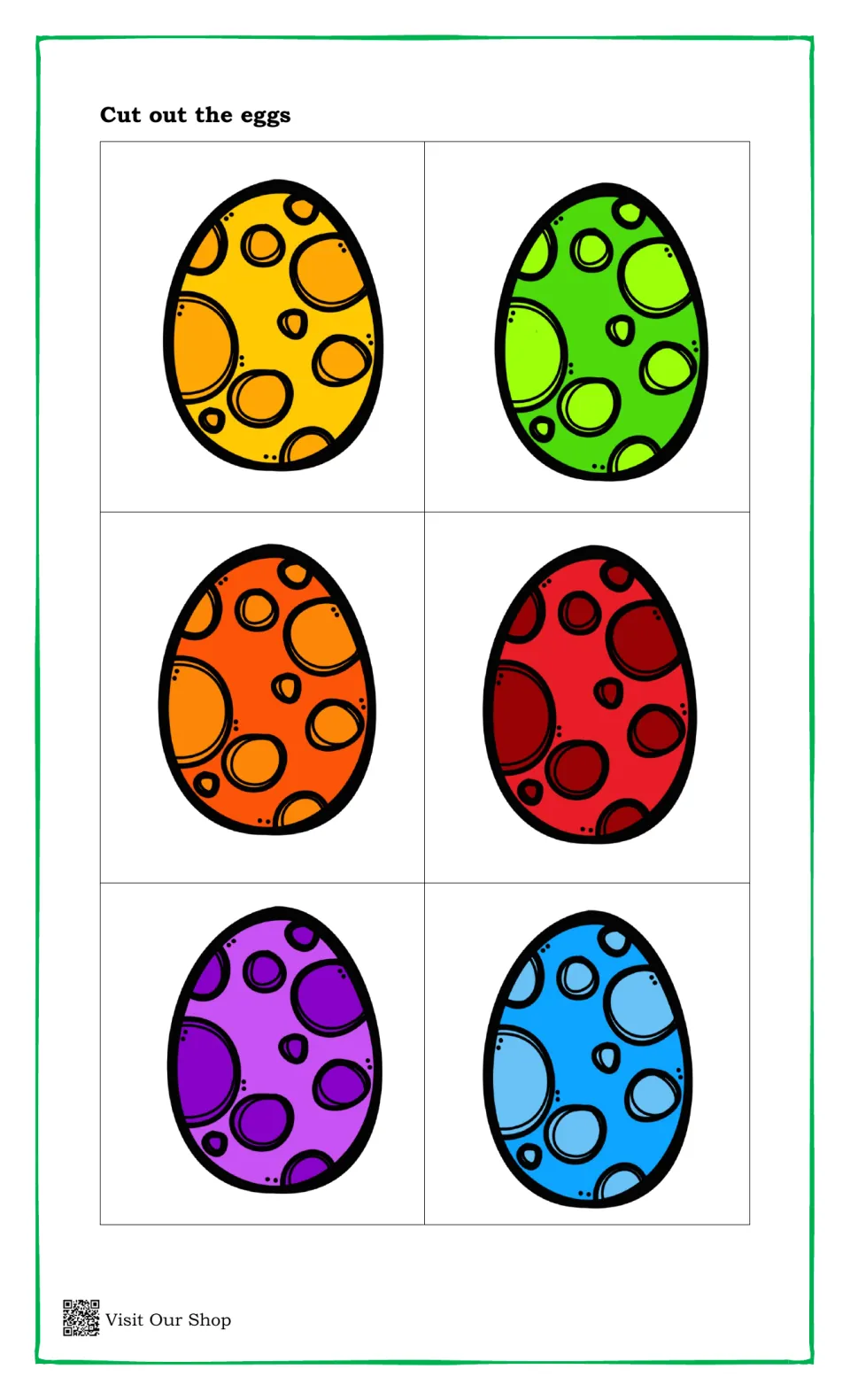 Six spotted dinosaur eggs to cut out in yellow, green, orange, red, purple and blue for matching to dinosaurs by color