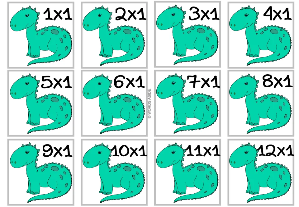 Multiplying by 1: twelve flash cards from 1x1 to 12x1, each with a smiling teal dinosaur, for practising times-1 facts