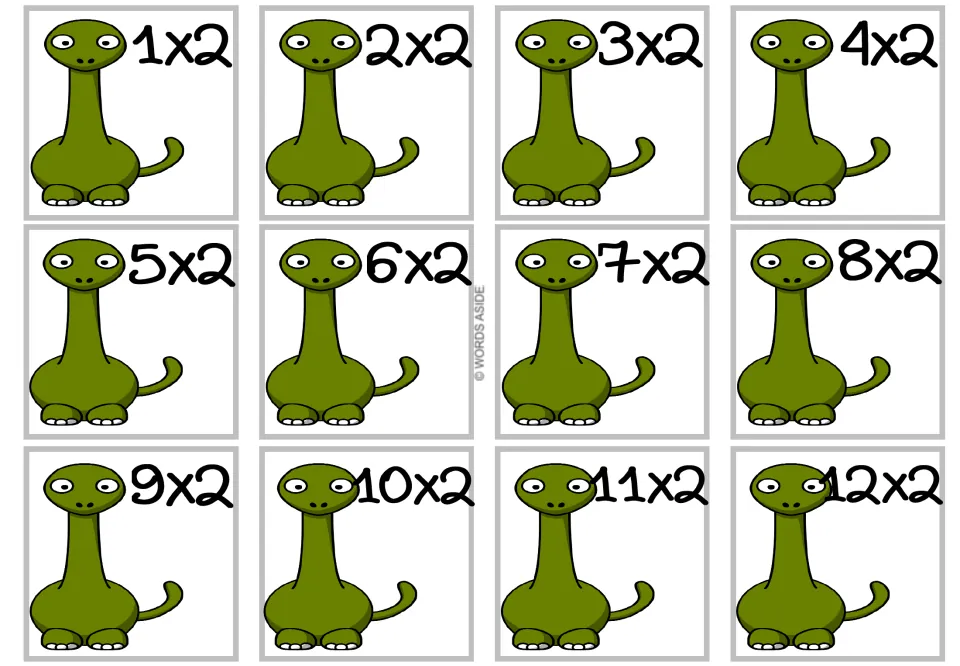 Multiplying by 2: twelve flash cards from 1x2 to 12x2, each with a long-necked olive dinosaur, for recalling doubles facts