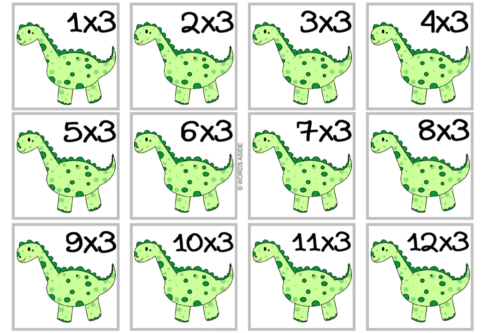 Multiplying by 3: twelve flash cards from 1x3 to 12x3, each with a spotted light green dinosaur, for times-3 fact recall