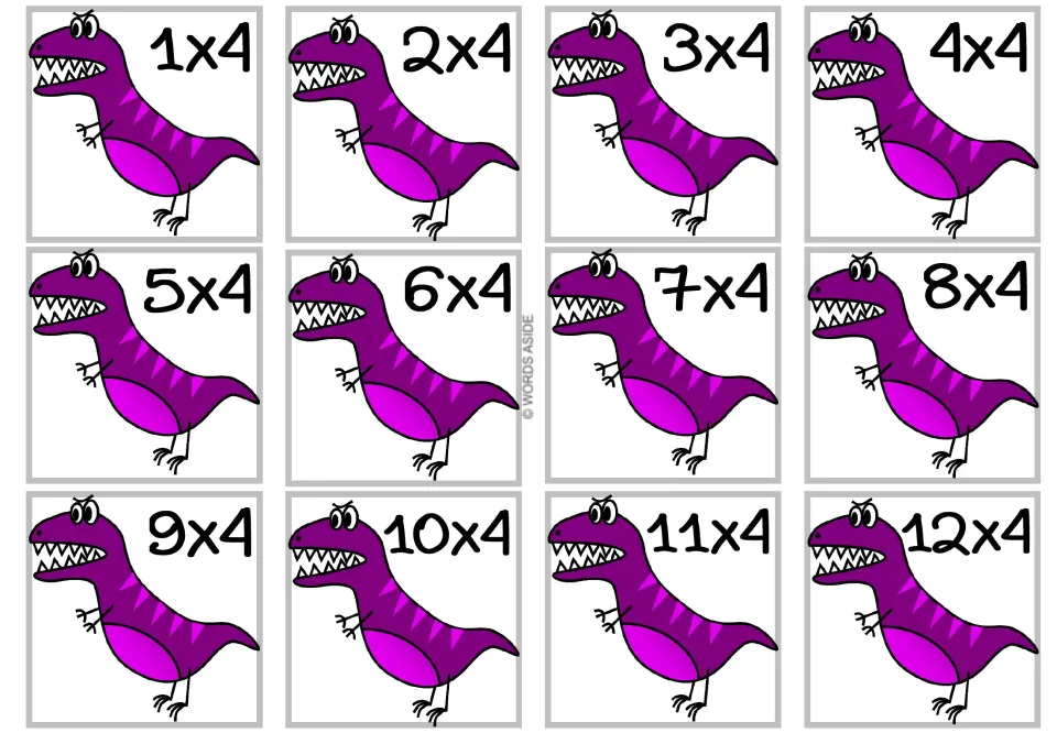 Multiplying by 4: twelve flash cards from 1x4 to 12x4, each with a purple T. rex baring teeth, for times-4 fact recall