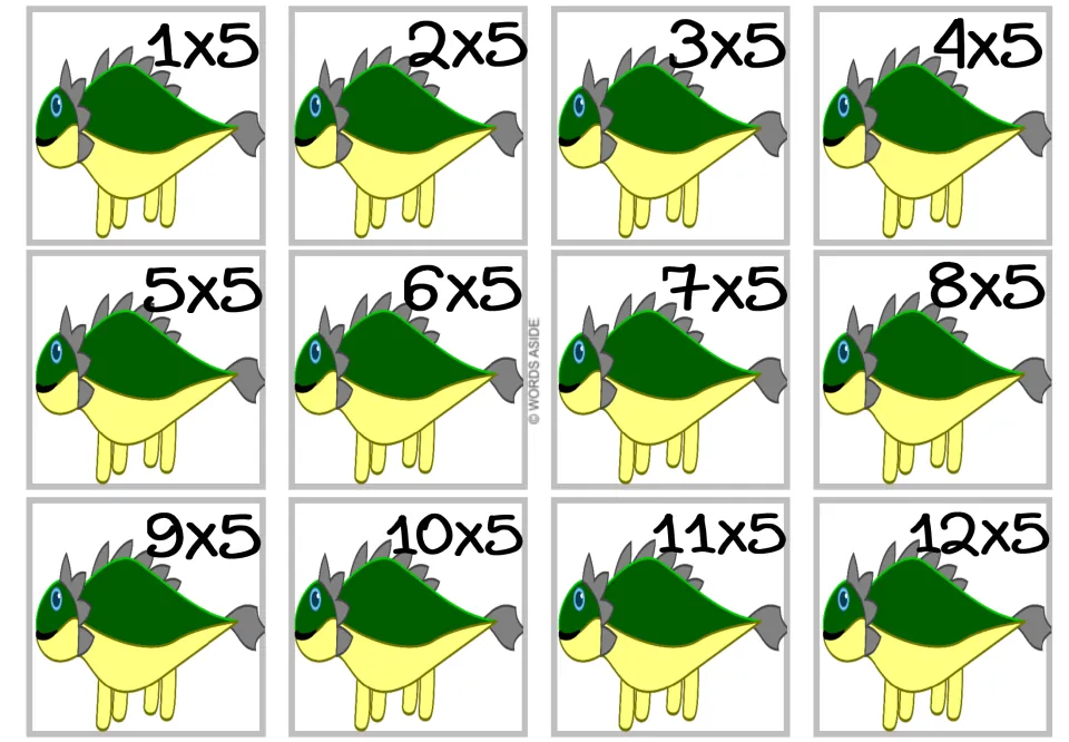 Multiplying by 5: twelve flash cards from 1x5 to 12x5, each with a green and yellow spiky dinosaur, for times-5 fact recall