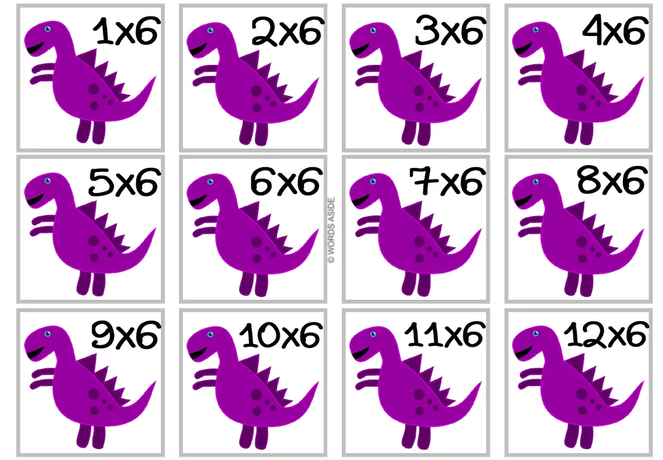 Multiplying by 6: twelve flash cards from 1x6 to 12x6, each with a smiling purple dinosaur, for times-6 fact recall