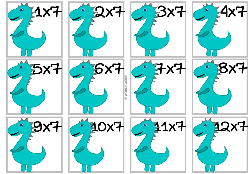 Multiplying by 7: twelve flash cards from 1x7 to 12x7, each with a turquoise spiked dinosaur, for times-7 fact recall
