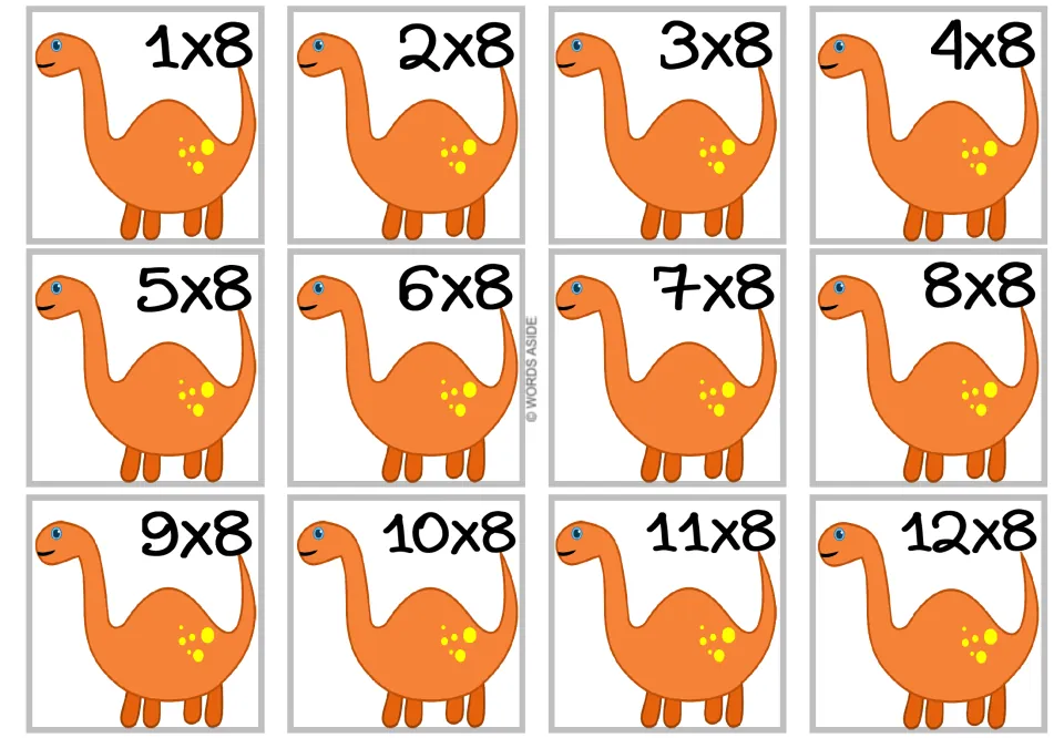Multiplying by 8: twelve flash cards from 1x8 to 12x8, each with an orange long-necked dinosaur, for times-8 fact recall