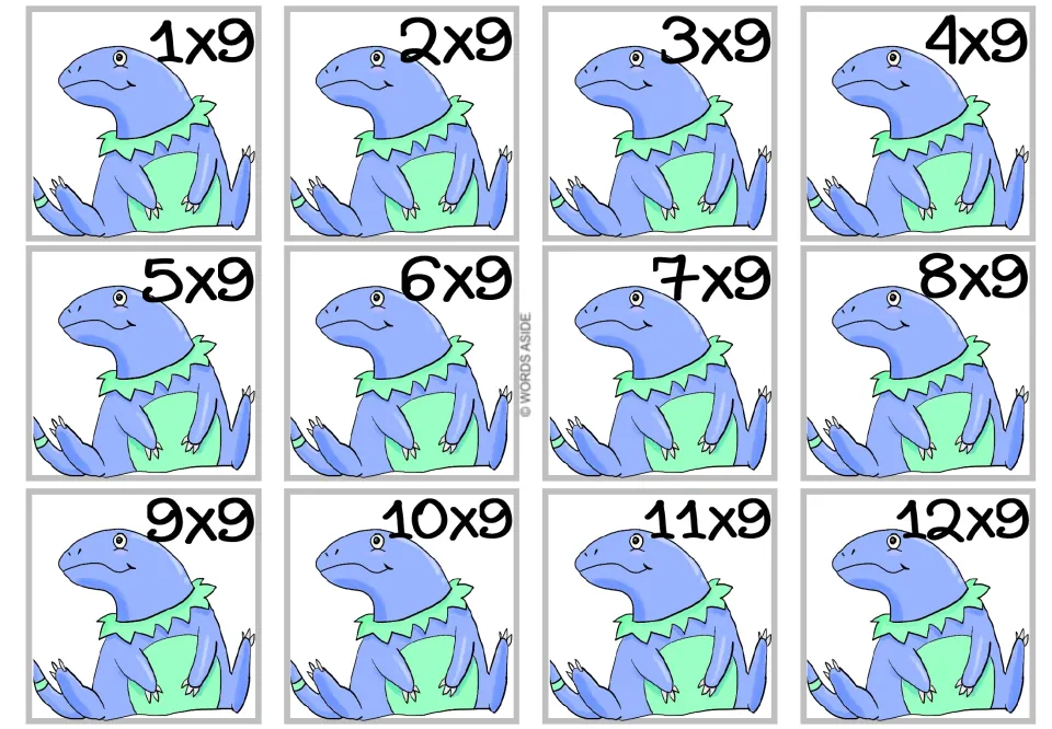 Multiplying by 9: twelve flash cards from 1x9 to 12x9, each with a blue dinosaur in a leafy collar, for times-9 fact recall