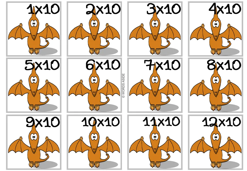 Multiplying by 10: twelve flash cards from 1x10 to 12x10, each with an orange pterodactyl, for practising times-10 facts