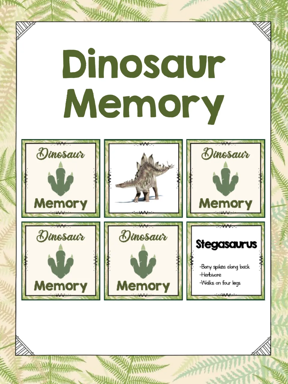 Dinosaur Memory cover showing matching cards: footprint card backs, a Stegasaurus photo card and its fact card