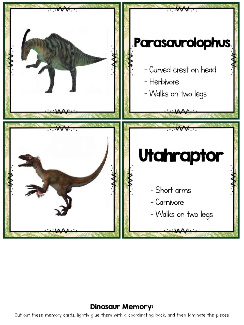 Dinosaur matching cards: Parasaurolophus and Utahraptor photos paired with fact cards on crest, diet and walking on two legs