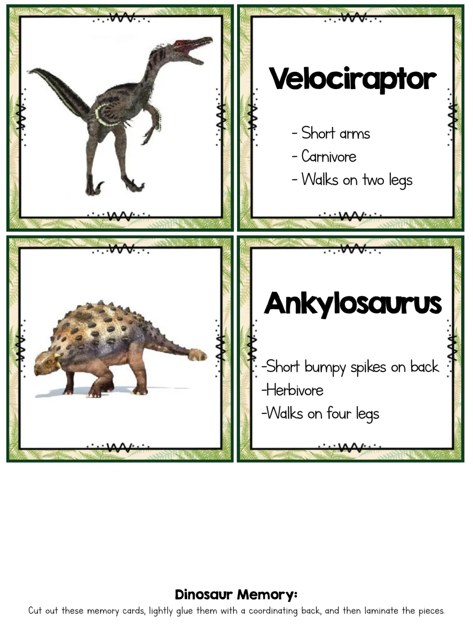 Dinosaur matching cards: Velociraptor and Ankylosaurus photos with fact cards on short arms, bumpy spikes and diet